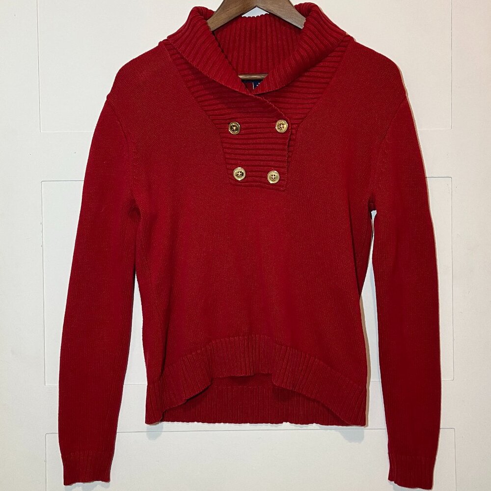 Chaps Red Shawl Collar Sweater Women's Medium Preppy Academia University Classic